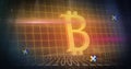 Image of grid pattern, binary codes and bitcoin illuminated symbol over black background