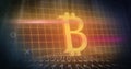 Image of grid pattern, binary codes and bitcoin illuminated symbol over black background
