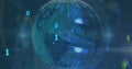 Image of grid patterned globe with binary codes against abstract background Royalty Free Stock Photo