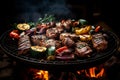 Image of a grill with hot coals and a variety of meats and vegetables cooking on top. Generative AI