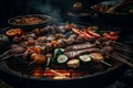 Image of a grill with hot coals and a variety of meats and vegetables cooking on top. Generative AI