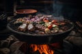 Image of a grill with hot coals and a variety of meats and vegetables cooking on top. Generative AI