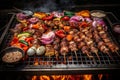 Image of a grill with hot coals and a variety of meats and vegetables cooking on top. Generative AI