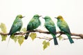 Image of group of asian emerald cuckoo on a branch on a white background. Birds. Animals. Illustration, Generative AI