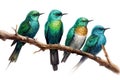 Image of group of asian emerald cuckoo on a branch on a white background. Birds. Animals. Illustration, Generative AI