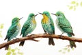 Image of group of asian emerald cuckoo on a branch on a white background. Birds. Animals. Illustration, Generative AI