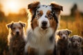 Image Group of Aussie dogs, mom with puppies, playing in meadow Royalty Free Stock Photo