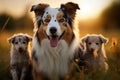 Image Group of Aussie dogs, mom with puppies, playing in meadow Royalty Free Stock Photo