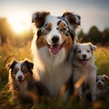 Image Group of Aussie dogs, mom with puppies, playing in meadow Royalty Free Stock Photo