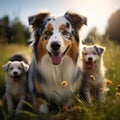 Image Group of Aussie dogs, mom with puppies, playing in meadow Royalty Free Stock Photo