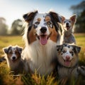 Image Group of Aussie dogs, mom with puppies, playing in meadow Royalty Free Stock Photo