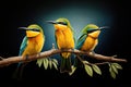 Image of group of blue-tailed bee-eater on a branch on a black background. Birds. Animals. Illustration, Generative AI