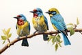 Image of group of blue-throated barbet bird on a branch on a white background. Birds. Animals. Illustration, Generative AI