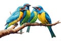 Image of group of blue-throated barbet bird on a branch on a white background. Birds. Animals. Illustration, Generative AI