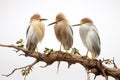 Image of group of chinese pond heron on a branch on a white background. Birds. Animals. Illustration, Generative AI