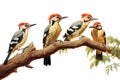 Image of group of common flameback birds on a branch on a white background. Birds. Animals. Illustration, Generative AI