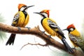 Image of group of common flameback birds on a branch on a white background. Birds. Animals. Illustration, Generative AI