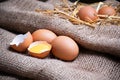 Agroup of eggs on sackcloth Royalty Free Stock Photo