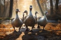 Image of group of geese in the forest. Farm animals. Illustration, Generative AI Royalty Free Stock Photo