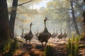 Image of group of geese in the forest. Farm animals. Illustration, Generative AI Royalty Free Stock Photo