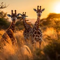 An image of a group of giraffes grazing on the tall grass in a savannah.