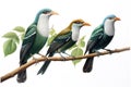 Image of group of green billed malkoha bird on a branch on a white background. Birds. Animals. Illustration, Generative AI