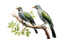 Image of group of green billed malkoha bird on a branch on a white background. Birds. Animals. Illustration, Generative AI