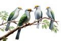 Image of group of green billed malkoha bird on a branch on a white background. Birds. Animals. Illustration, Generative AI