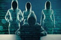 Image of a group of hackers in hoodies standing on abstract dark coding background. Malware, phishing and theft concept. Double