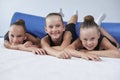 Image of a group of little girls in the gym after a workout. Gymnastics concept