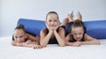 Image of a group of little girls in the gym after a workout. Gymnastics concept