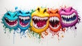 an image of a group of monster mouths painted on a white wall with multicolored paint splattered all over it