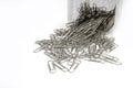 Image of the group steel paperclips on white background