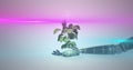 Image of growing plant in hand of robot arm, with pink light on grey background Royalty Free Stock Photo