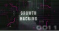 Image of growth hacking and binary codes against server room in background Royalty Free Stock Photo