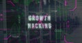 Image of growth hacking text, changing numbers, binary codes, computer language over server room Royalty Free Stock Photo