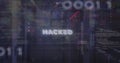 Image of hacked text, binary codes and computer language, circuit board pattern over server room Royalty Free Stock Photo