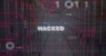 Image of hacked text with binary codes over snowfall against server room in background