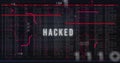 Image of hacked text and digital data processing over black background