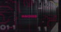 Image of hacked text over data processing and server room