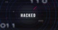 Image of hacked text over network and processing data on black background