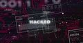 Image of hacked text over processing data on interface screens over night sky