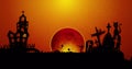 Image of halloween cemetery, ghosts, bats, spider and full moon on orange background