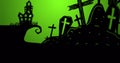 Image of halloween cemetery, ghosts and full moon on green background