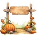 Halloween wooden sign with pumpkins watercolor illustration, halloween clipart Royalty Free Stock Photo