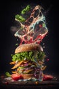 An image of hamburger being splashed with food. Generative AI