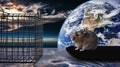 Mouse and Empty Cage with Earth Background Royalty Free Stock Photo