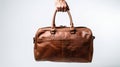 image of hand holding brown luggage bag with white background generative AI Royalty Free Stock Photo