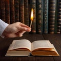 Hand Holding a Lit Match Near an Open Book and a Shelf of Books. Generative AI Royalty Free Stock Photo