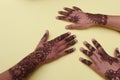 Image of hand painted on henna mehendi tattoo. Indian Mehendi celebration. Henna application and rituals. Indian bride and Royalty Free Stock Photo